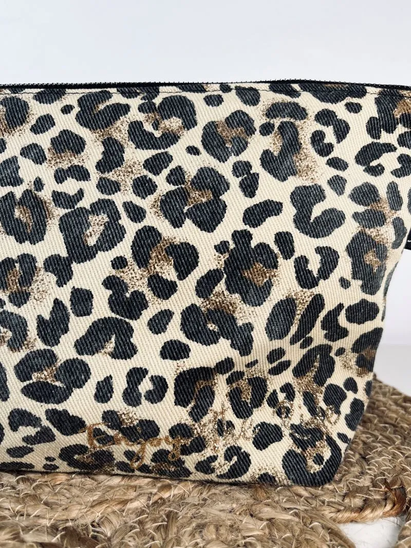 Grande pochette / sac à main léopard avec son printage "Enjoy the ride" en doré pailleté