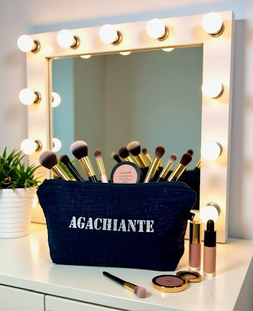 Petite pochette en gaze de coton noir scintillant avec son inscription "Agachiante" en argent pailleté. Fait main en série limitée.