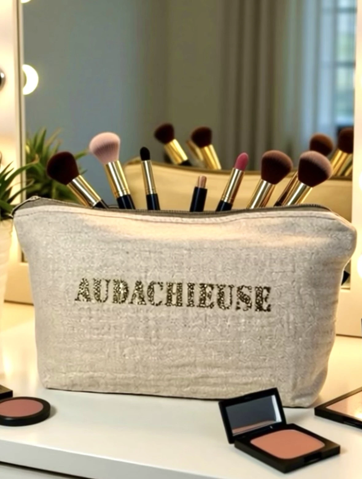 Petite pochette en gaze de coton blanc crème scintillant avec son inscription "Audachieuse" en or pailleté. Fait main en série limitée.