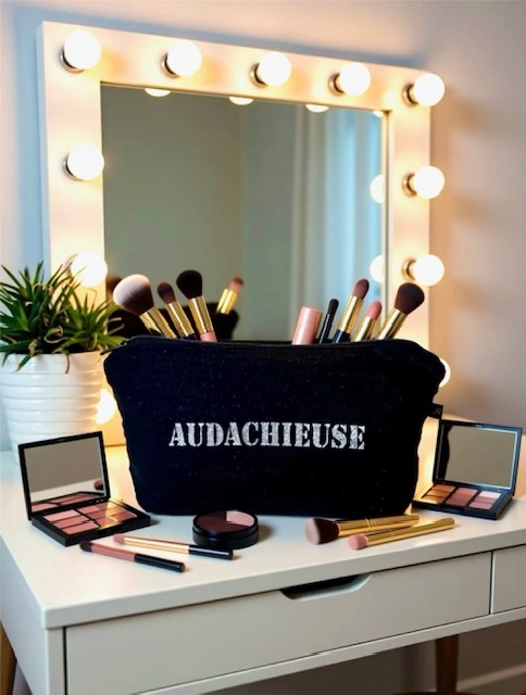Petite pochette en gaze de coton noir scintillant avec son inscription "Audachieuse" en argent pailleté. Fait main en série limitée.