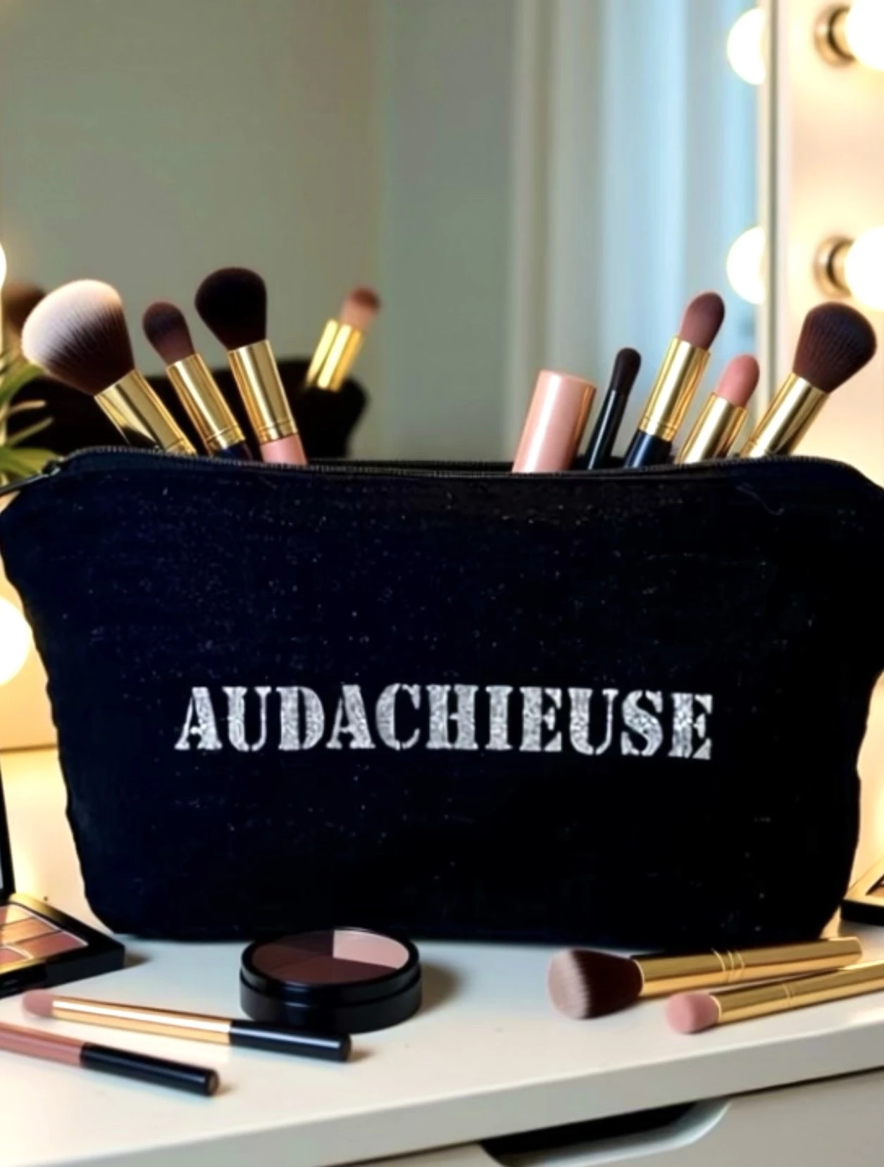 Petite pochette en gaze de coton noir scintillant avec son inscription "Audachieuse" en argent pailleté. Fait main en série limitée.