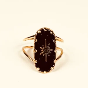 Bague dorée à nacre noire en acier inoxydable. Bague ajustable.