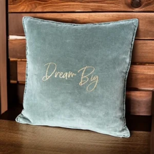 Housse de coussin carré en velours de coton coloris céladon avec flocage "Dream Big" en or pailleté.