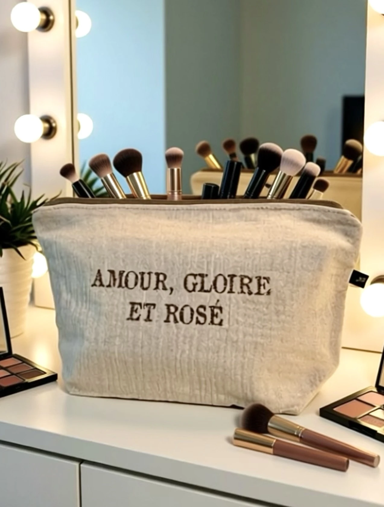Grande pochette en gaze de coton blanc crème avec son inscription "Amour, Gloire et Rosé" en or pailleté. Fait main, série limitée.