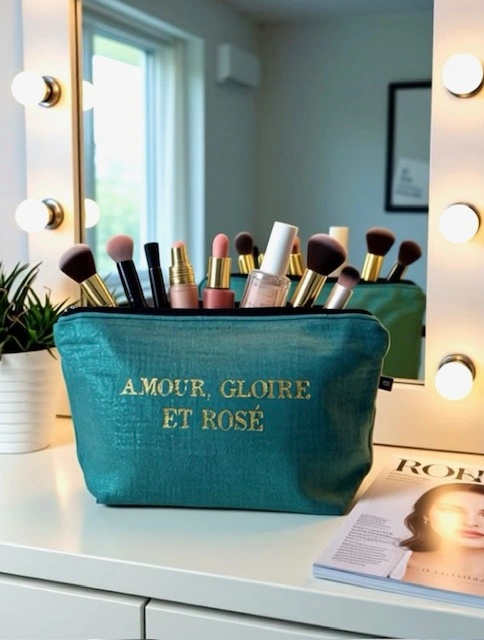 Grande pochette en gaze de coton bleu turquoise avec son inscription "Amour, Gloire et Rosé" en or pailleté. Fait main, série limitée.