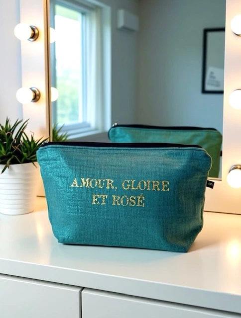 Grande pochette en gaze de coton bleu turquoise avec son inscription "Amour, Gloire et Rosé" en or pailleté. Fait main, série limitée.