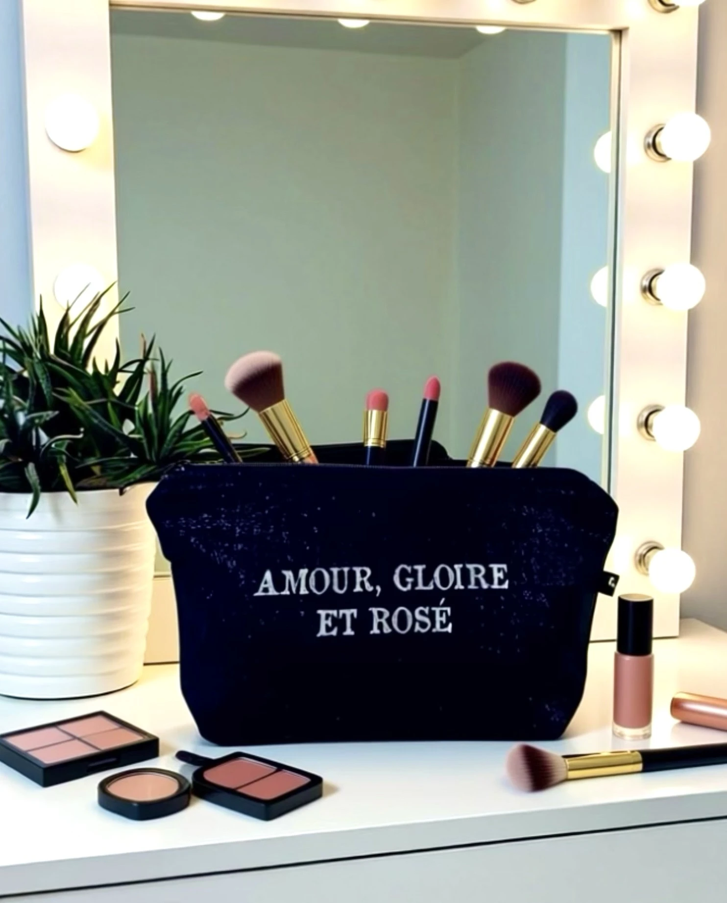 Grande pochette en gaze de coton noir avec son inscription "Amour, Gloire et Rosé" en argent pailleté. Fait main, série limitée.
