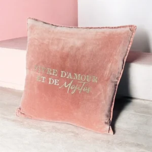 Housse de Coussin carré 45 x 45 cm en velours de coton Vieux rose avec flocage en or pailleté : "Vivre d'amour et de Mojitos"