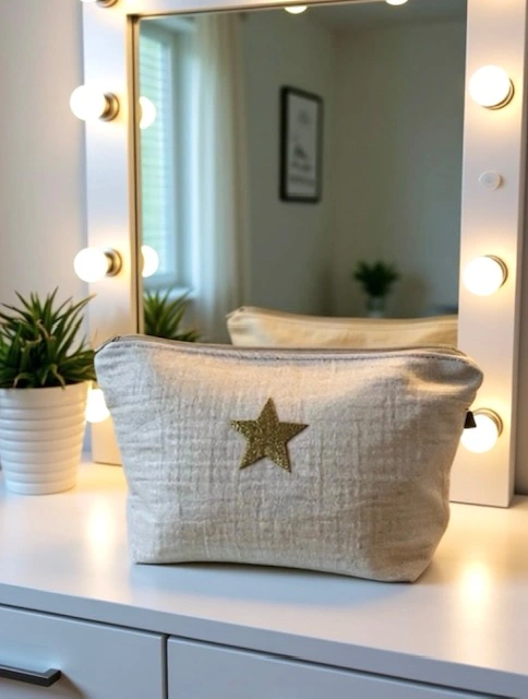 Grande pochette de maquillage blanc crème en gaze de coton scintillant avec son étoile pailletée. Faite main en série limitée.