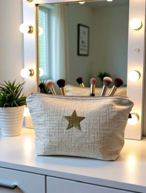 Grande pochette de maquillage blanc crème en gaze de coton scintillant avec son étoile pailletée. Faite main en série limitée.
