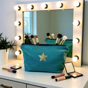 Grande pochette de maquillage turquoise en gaze de coton scintillant avec son étoile pailletée. Faite main en série limitée.