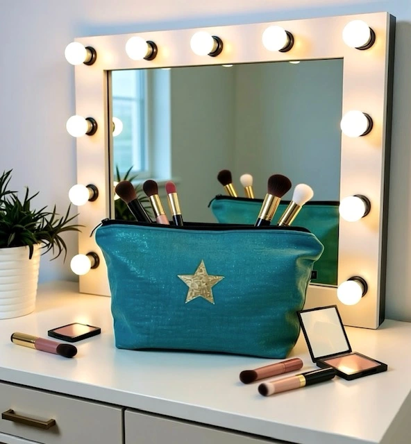 Grande pochette de maquillage turquoise en gaze de coton scintillant avec son étoile pailletée. Faite main en série limitée.
