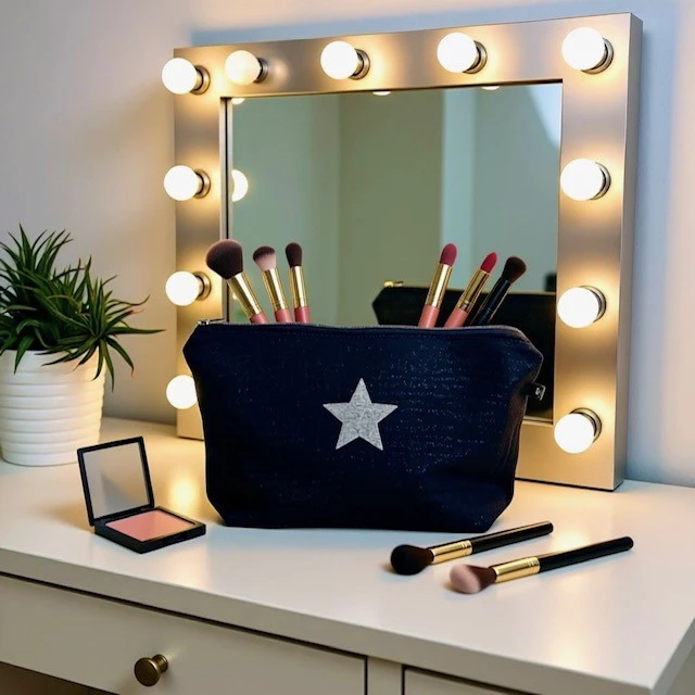Grande pochette de maquillage noir en gaze de coton scintillant avec son étoile pailletée. Faite main en série limitée.