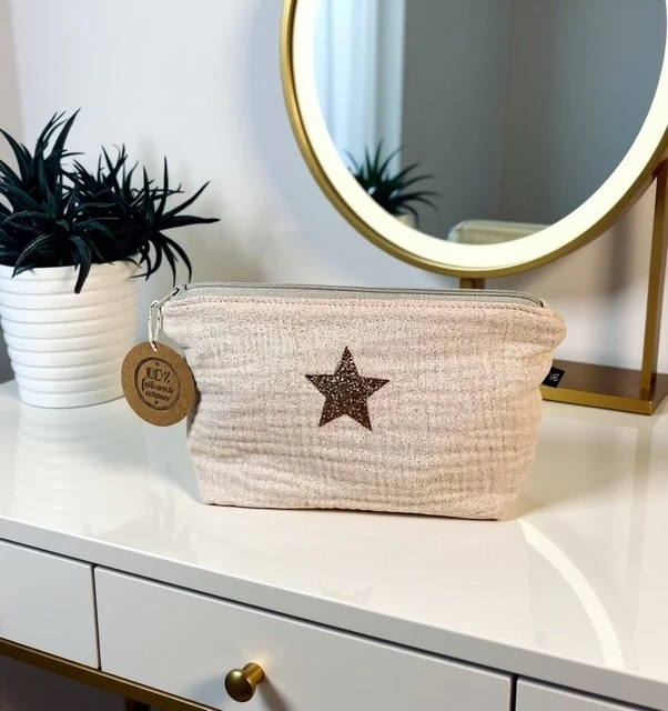 Petite pochette de maquillage en gaze de coton blanc crème scintillant avec son étoile en or pailleté. Fait main en série limitée.