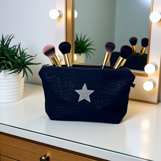 Petite pochette de maquillage en gaze de coton noir scintillant avec son étoile en argent pailleté. Fait main en série limitée.