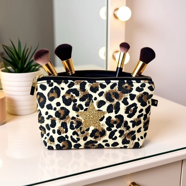 Petite pochette de maquillage faite main en denim léopard avec son étoile pailletée. Série limitée.