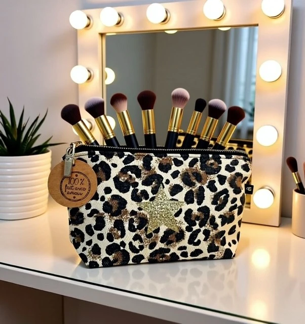 Petite pochette de maquillage faite main en denim léopard avec son étoile pailletée. Série limitée.