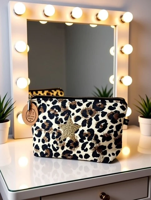 Petite pochette de maquillage faite main en denim léopard avec son étoile pailletée. Série limitée.