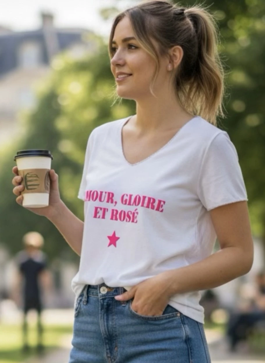 Tee-shirt blanc col V pour femme avec slogan "Amour, Gloire et Rosé" en rose fluo.