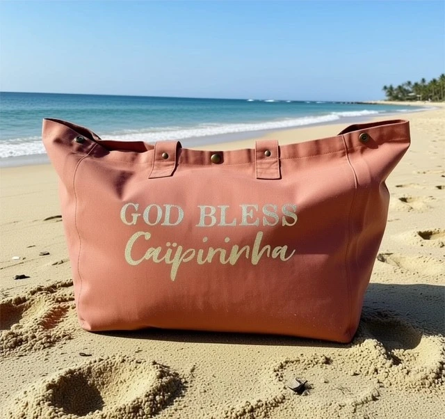 Sac fourre-tout santal avec "God bless Caïpirinha" en or pailleté.