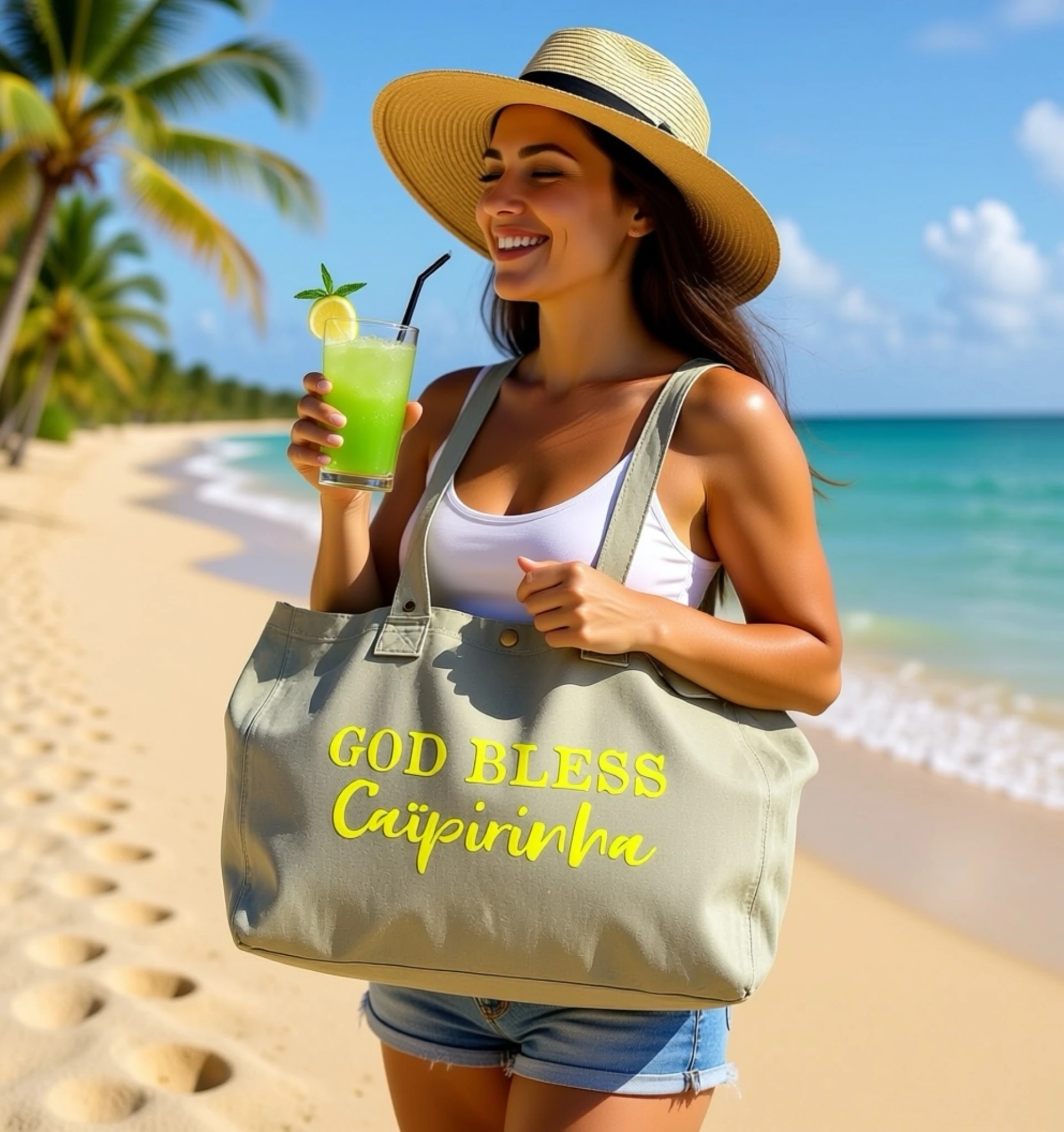 Sac fourre-tout vert sauge avec "God bless Caïpirinha" en jaune fluo.