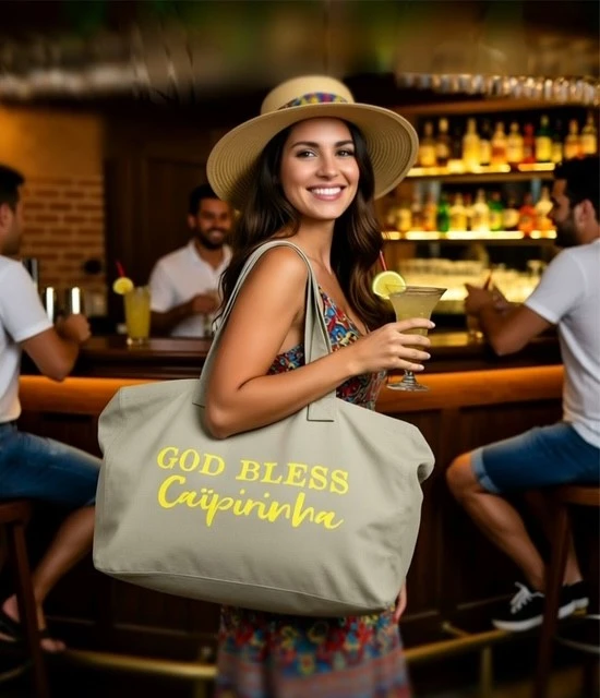 Sac fourre-tout vert sauge avec "God bless Caïpirinha" en jaune fluo.