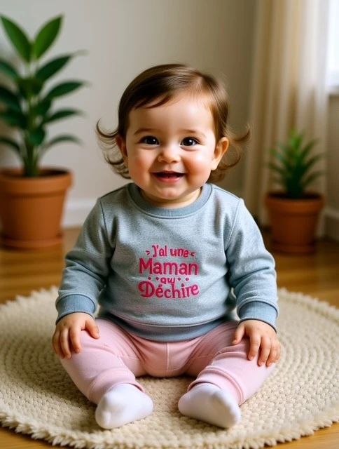 Sweat-shirt gris chiné pour bébé 12 au 36 mois avec flocage rose fluo "J'ai une maman qui déchire".