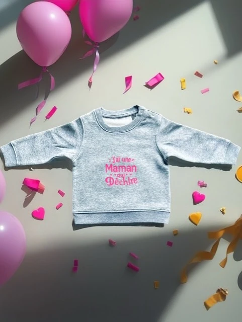 Sweat-shirt gris chiné pour bébé 12 au 36 mois avec flocage rose fluo "J'ai une maman qui déchire".