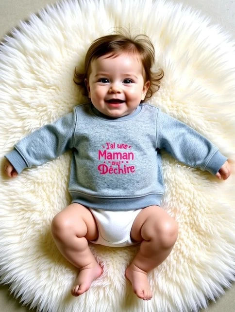 Sweat-shirt gris chiné pour bébé 12 au 36 mois avec flocage rose fluo "J'ai une maman qui déchire".