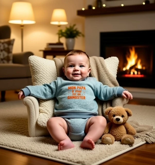Sweat-shirt gris chiné pour bébé 12 au 36 mois avec flocage orange fluo "Mon papa à moi est un gangster".