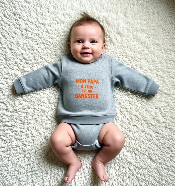 Sweat-shirt gris chiné pour bébé 12 au 36 mois avec flocage orange fluo "Mon papa à moi est un gangster".
