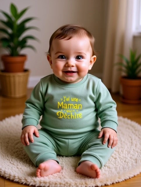 Sweat-shirt vert sauge pour bébé 12 à 36 mois avec flocage jaune fluo "J'ai une maman qui déchire".