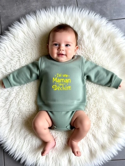 Sweat-shirt vert sauge pour bébé 12 à 36 mois avec flocage jaune fluo "J'ai une maman qui déchire".