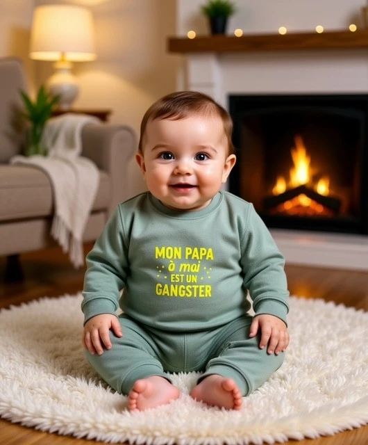 Sweat-shirt vert sauge pour bébé 12 à 36 mois avec flocage jaune fluo "Mon papa à moi est un gangster".