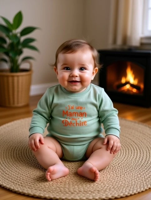 Sweat-shirt vert sauge pour bébé 12 ) 36 mois avec flocage orange fluo "J'ai une maman qui déchire".