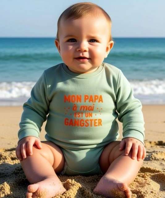 Sweat-shirt vert sauge pour bébé 12 à 36 mois avec flocage orange fluo "Mon papa à moi est un gangster".