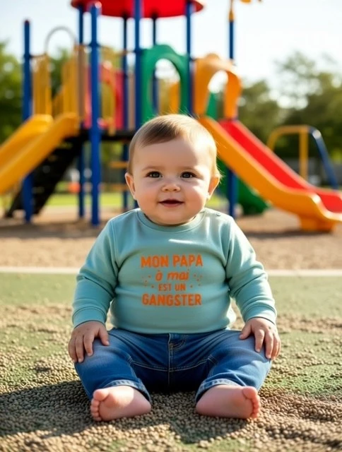 Sweat-shirt vert sauge pour bébé avec slogan "Mon Papa à moi est un gangster" en orange fluo.