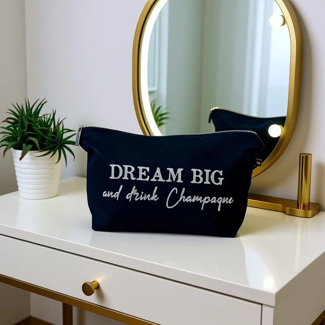 Trousse de toilette fait main en gaze de coton noir scintillant avec son inscription "Dream big and drink champagne" en argent pailleté.