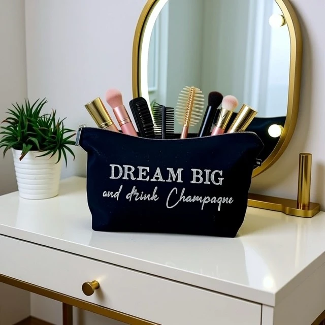 Trousse de toilette fait main en gaze de coton noir scintillant avec son inscription "Dream big and drink champagne" en argent pailleté.