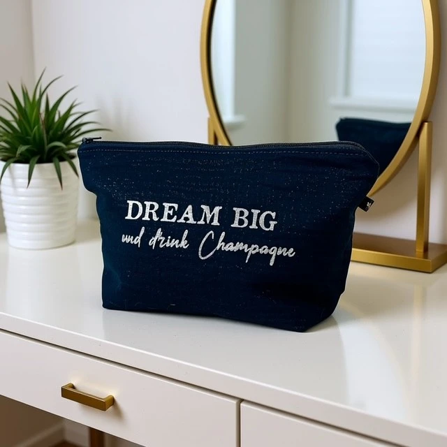 Trousse de toilette fait main en gaze de coton noir scintillant avec son inscription "Dream big and drink champagne" en argent pailleté.