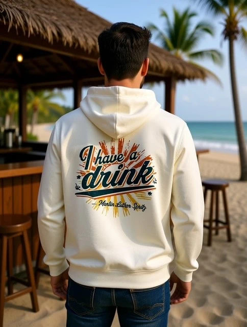 Sweat-shirt à capuche homme coloris blanc crème "I have a drink" Martin Luther Spritz.