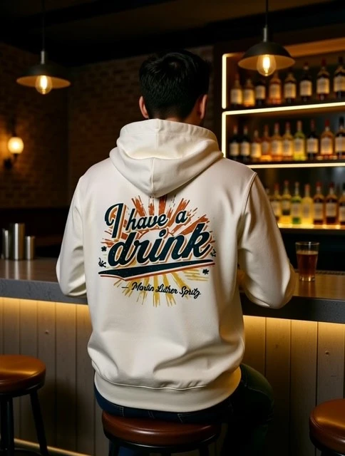Sweat-shirt à capuche homme coloris blanc crème "I have a drink" Martin Luther Spritz.
