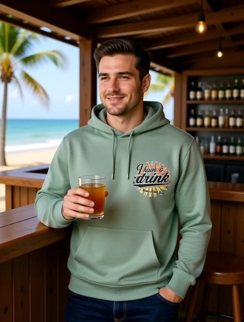 Sweat-shirt à capuche homme coloris vert sauge "I have a drink" Martin Luther Spritz.