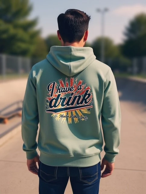 Sweat-shirt à capuche homme coloris vert sauge "I have a drink" Martin Luther Spritz.