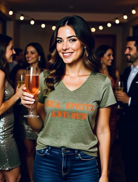 Tee-shirt kaki col V avec son slogan "Sea, Spritz and Sun" en orange fluo.