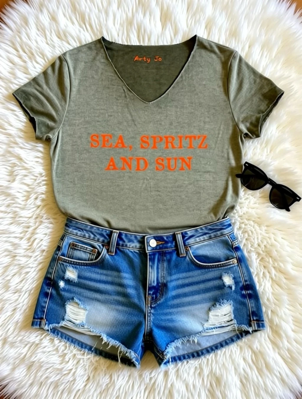 Tee-shirt kaki col V avec son slogan "Sea, Spritz and Sun" en orange fluo.