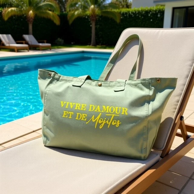 Sac fourre-tout vert sauge slogan "Vivre d'amour et de Mojitos" en jaune fluo. Création signée La Strasseuse.