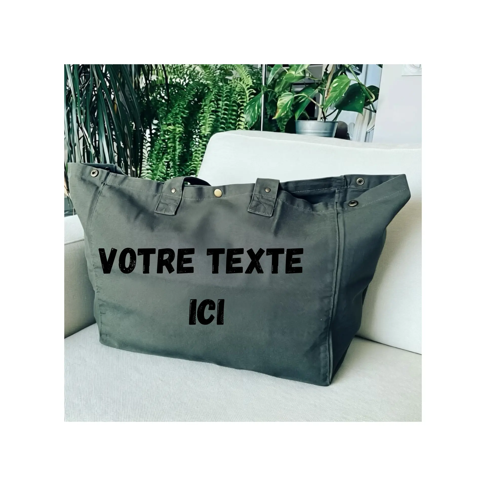 Sac fourre-tout kaki personnalisable en or pailleté, orange fluo ou rose fluo.