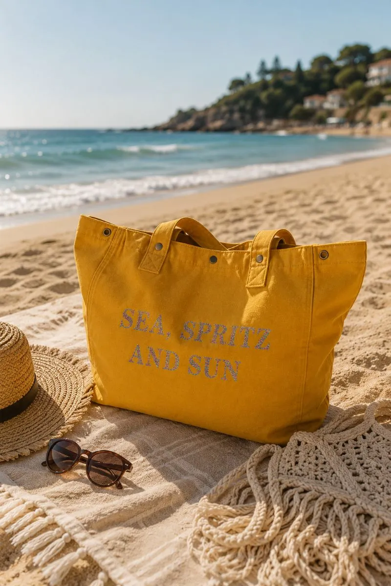 Sac fourre-tout moutarde - Slogan "Sea, Spritz and Sun" en pailleté multicolore - Création La Strasseuse.