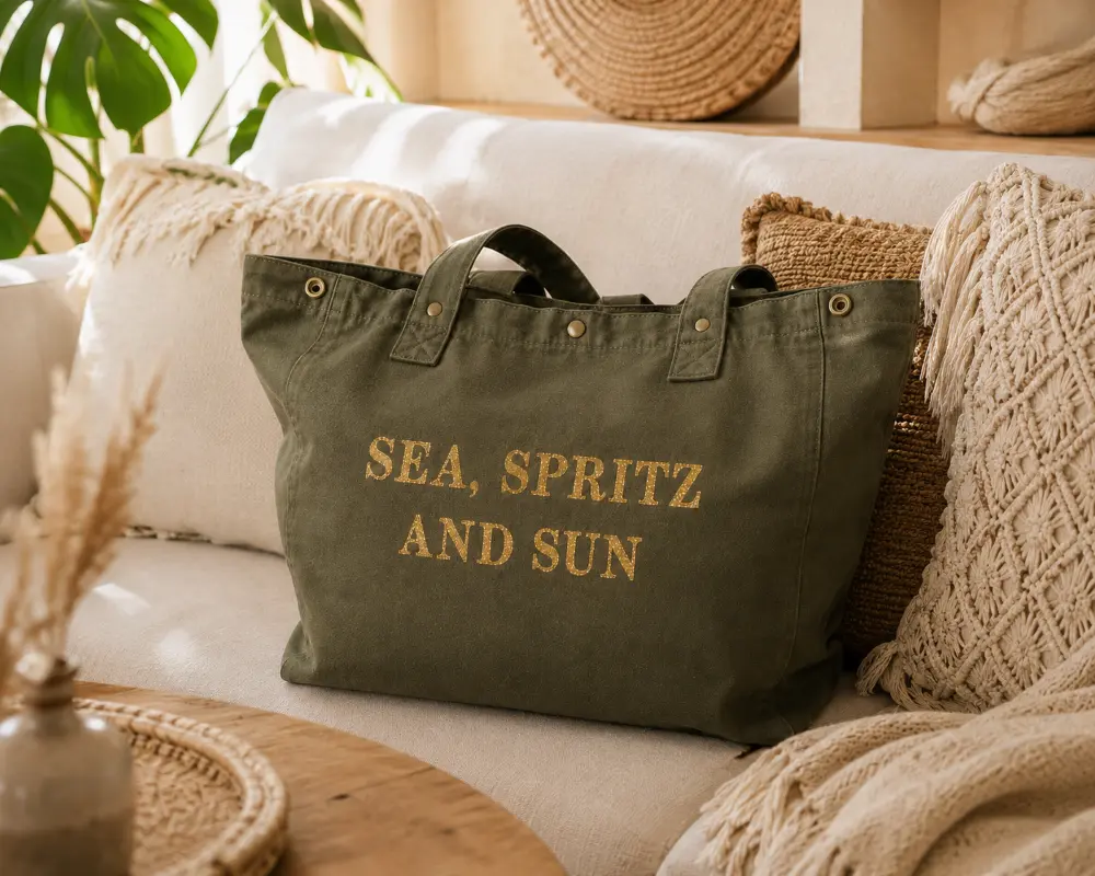 Sac fourre-tout kaki - Slogan "Sea, Spritz and Sun" en doré pailleté - Création La Strasseuse.